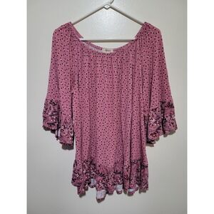 Style & Co Top Women 3X Pink Floral Boho Bell Sleeve Ruffle Hem